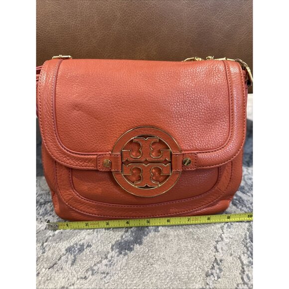 Tory Burch Amanda Big Logo Red Orange Foldover Crossbody Bag With Gold Hardware - Picture 2 of 12